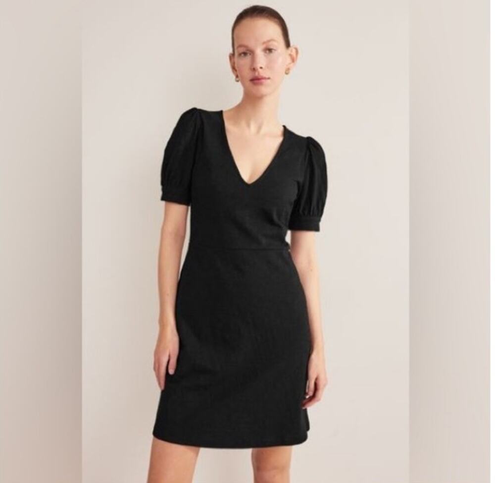 Boden Short Sleeve Jersey Mini Dress 2R Black V Neck Pleat Detail Cotton